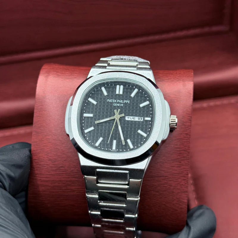 Patek Philippe Silver Watch with Black Dial – Day & Date Function